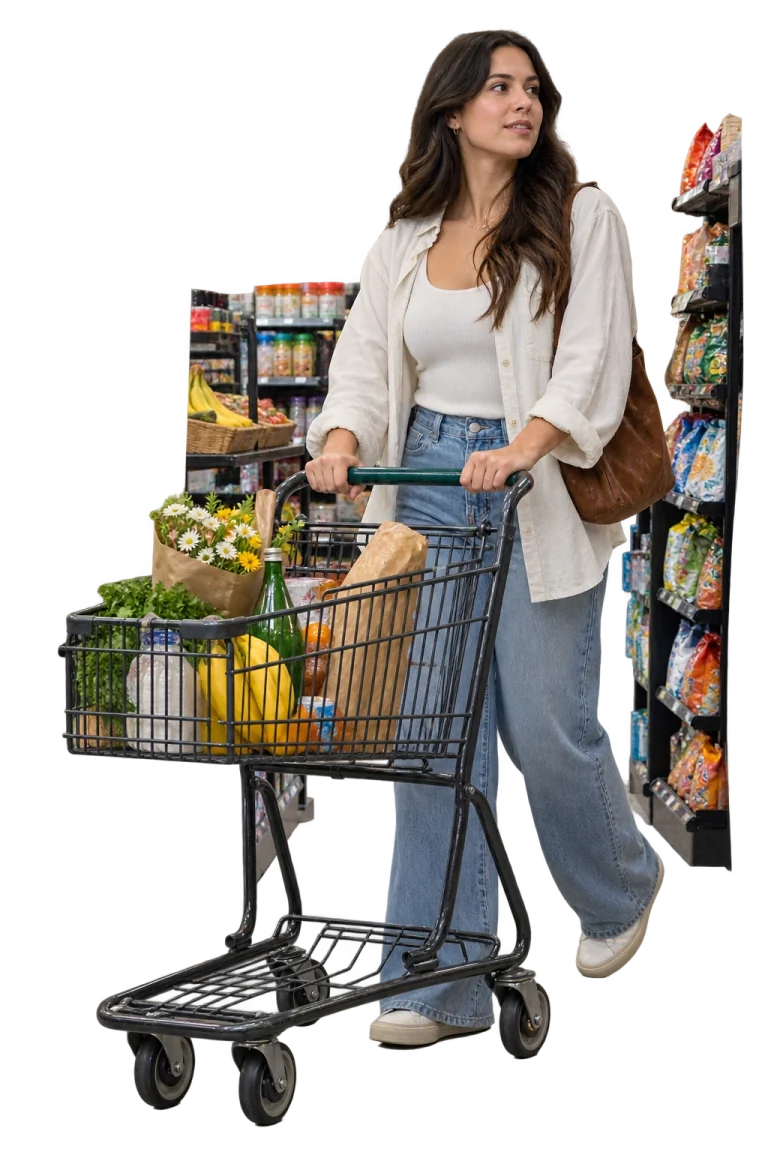 A shopper pushing a cart through a contemporary convenience store aisle
