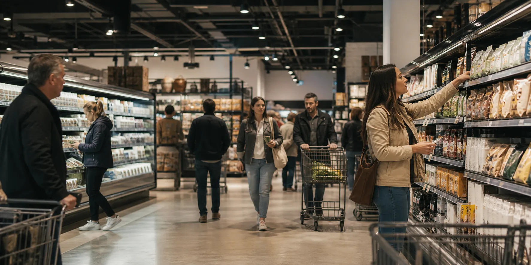 Shoppers browsing and choosing products in a busy contemporary US grocery store